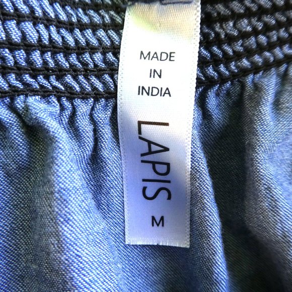 Lapis Denim Maxi Dress Prairie Tiered Puff Sleeves Embroidery Smocked Waist M - Picture 7 of 8